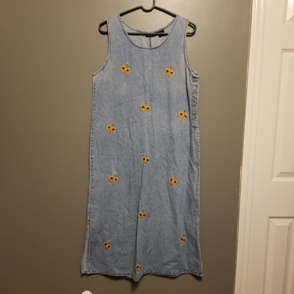 VTG 90's Agapo Collection denim floral embroidered maxi dress size Large